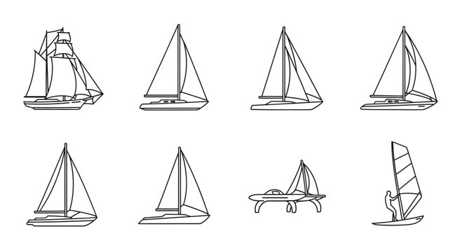 Diverse Sailboat Collection: Line Art Illustrations of Various Sailing Vessels
