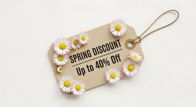 Spring discount tag with up to 40% off text and daisy flowers.