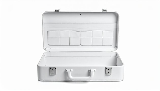   
Open white briefcase with hard shell exterior and compartments, minimalist design on plain background, symbolizing organization, professionalism, and clean modern aesthetic in product photography.