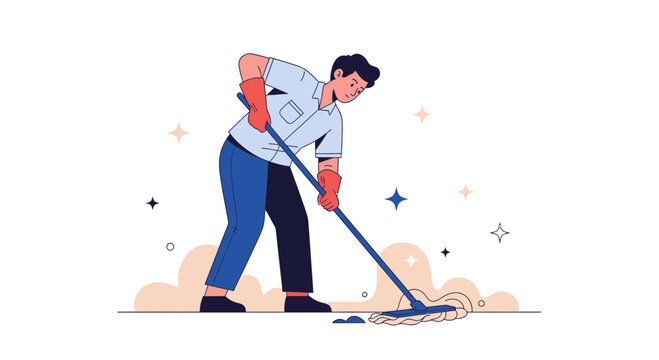 Man mopping floor, cleaning service, domestic upkeep, house hygiene illustration