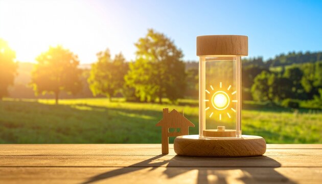 Glass vessel glows with radiant sun, rustic wood framing renewable energy, symbolizing harmony of nature and technology, sustainability, warmth, and progress under clear luminous skies.