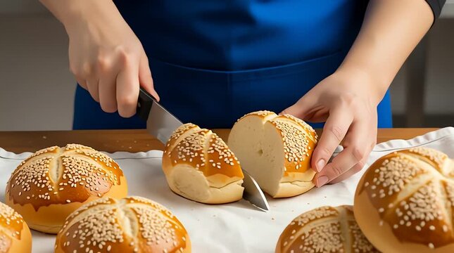 A person in a blue apron cutting a sesame seed bun in half on a table with video animation of freshly baked bread rolls.