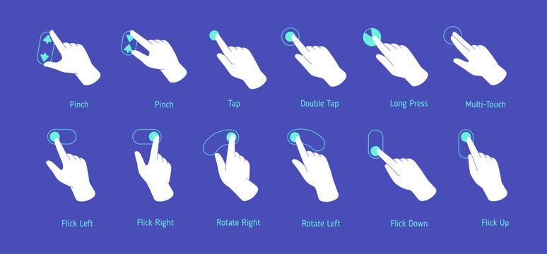 Hand touchscreen gestures set. Fingers swipe, slide, tap, pinch, press, click on outline interface of mobile phone. Tutor of using smartphone. Flat isolated vector illustrations on white background