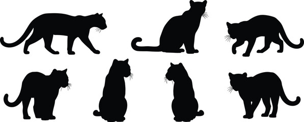 Ocelot silhouettes collection vector illustration of exotic wild cat felines in various sitting and walking poses isolated on transparent background © Olivia