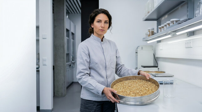 An eye-level medium portrait of a focused female laboratory technician holding a metal tray of golden wheat grains in a bright, modern AgTech facility.