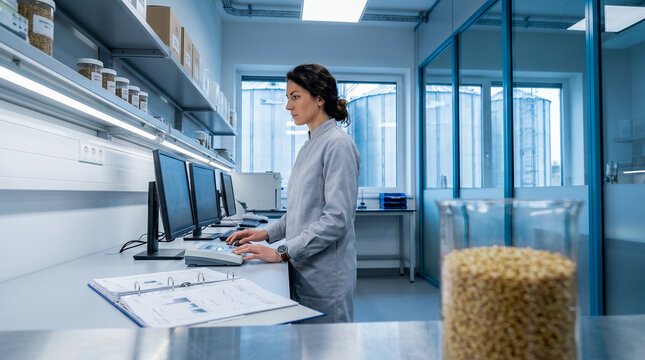 A premium horizontal wide shot of a technician working at a digital monitor station in a modern grain facility laboratory with silos outside.
