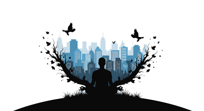 Vector illustration of a human silhouette sitting in a cross-legged lotus meditation pose centered inside a thin circular frame, isolated on a white background for design use.