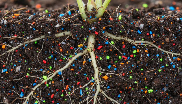 Plant roots growing in dark soil entangled with colorful microplastic particles
