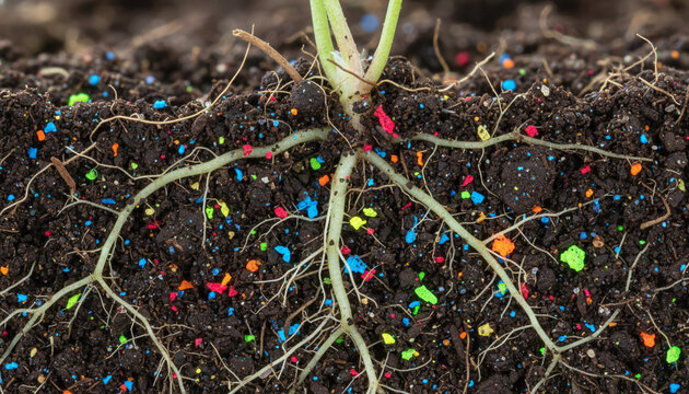 Plant roots growing in dark soil entangled with colorful microplastic particles