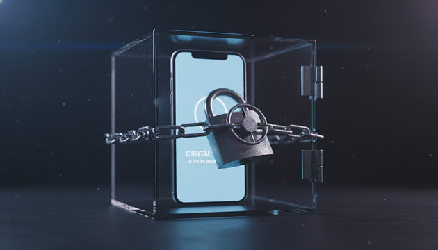Glowing smartphone locked inside transparent glass safe box with metal padlock