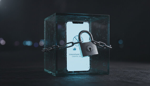 Glowing smartphone locked inside transparent glass safe box with metal padlock