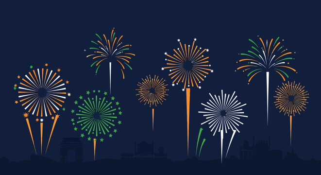 Vibrant Fireworks Display in Indian National Flag Colors