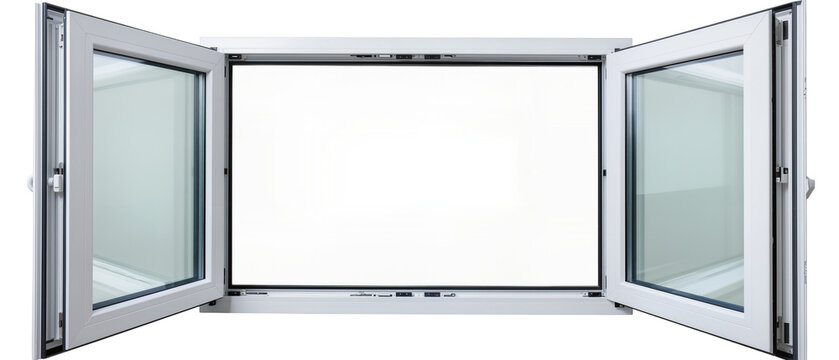 Open modern white casement window with clear glass panes, isolated on transparent background