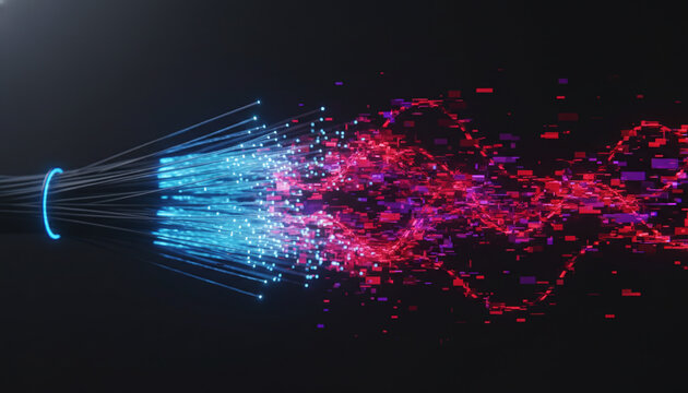AI model collapse concept with neural network turning into corrupted glitch pixels