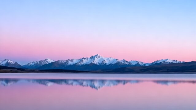 Snowy mountains and lake at sunset