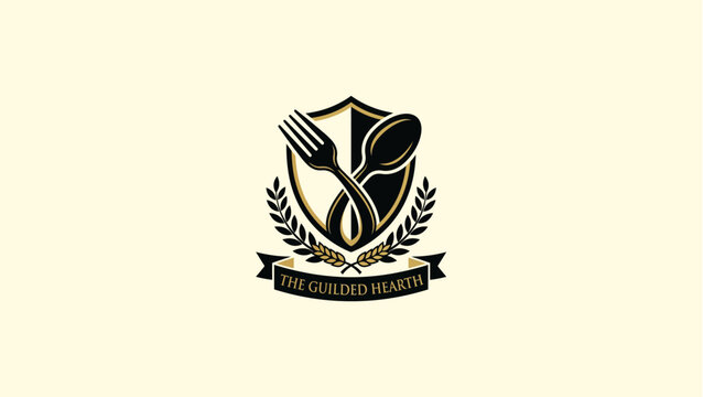 The Guilded Hearth Crest Logo Design Featuring Fork and Spoon