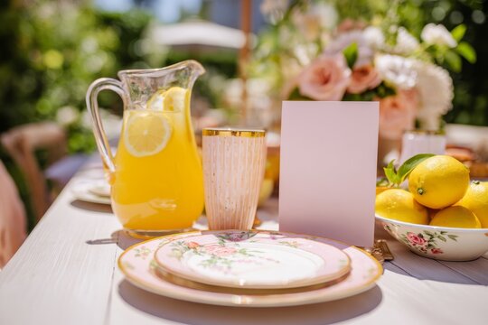Summer garden party table with lemonade pitcher, floral plates, and blank menu card