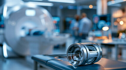 Fototapeta premium Blurred background of a modern MRI imaging room with advanced technology, clean neutral color palette, and well-organized space designed for patient comfort and safety during magnetic
