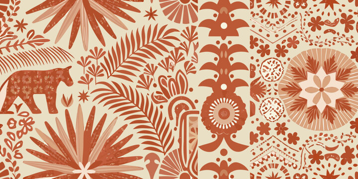 tropical floral pattern with animal silhouette in terracotta tones