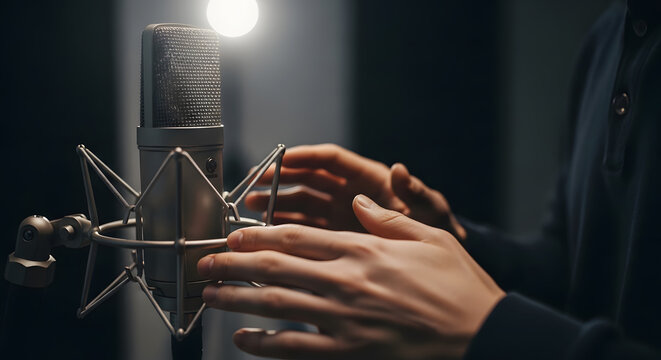 Professional condenser microphone in a shock mount with hands gesturing in a studio setting