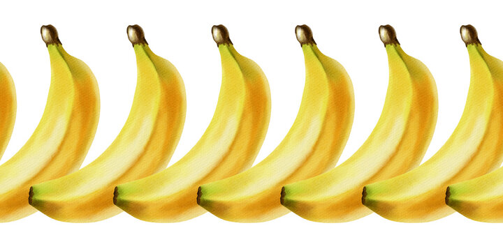 Watercolor illustration seamless border of ripe yellow bananas. Hand drawn tropical fruit pattern. Botanical art for food packaging, fabrics, wallpaper, kitchen decor, cafe menus