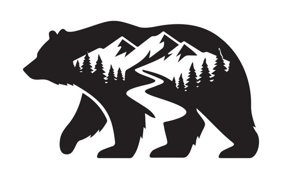 Walking grizzly bear wilderness concept with negative space mountain and river silhouette vector