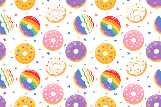 Colorful pride month donut seamless pattern with rainbow frosting sprinkles hearts and cute pastel dessert illustrations