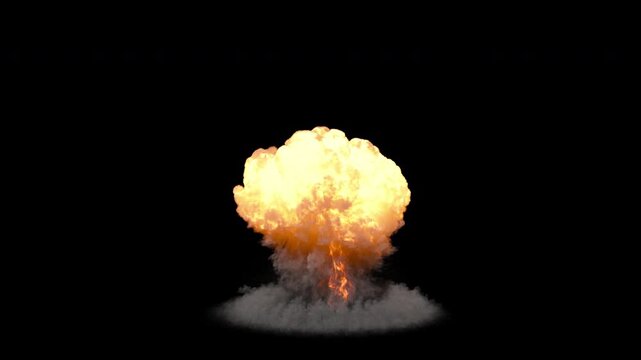 Nuclear explosion mushroom cloud with alpha channel. 3d animation of nuclear blast wave isolated. Realistic nuclear explosion and mushroom cloud with shockwave