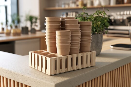 Reusable Coffee Cups Stacked in Wooden Crate on Cafe Counter