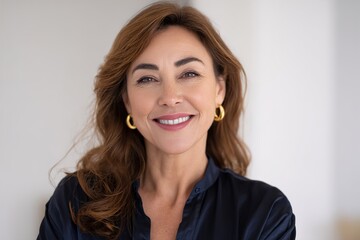 Obraz premium A smiling middle-aged woman with long brown hair and gold earrings