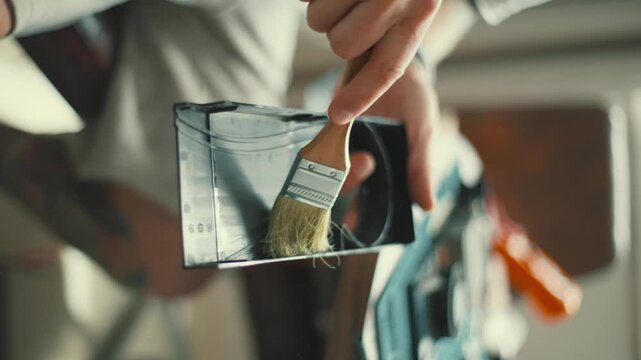 Cleaning a tool using a brush in a workshop with natural light during the daytime