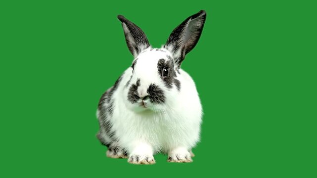 Domestic spotted rabbit sitting on chroma key green screen background