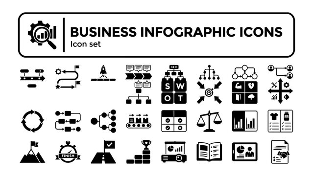 Business Report Presentation Infographic Icon Set Timeline Roadmap Org Chart SWOT Matrix Process Flow Comparison Table Milestone Marker Presentation Slide Executive Summary Vector