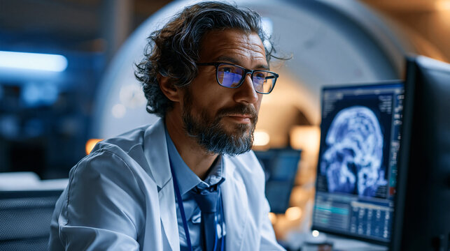 Male radiologist wearing glasses and professional attire sitting at a workstation computer and reviewing MRI scan results on a monitor, clinical expertise and advanced imaging technology