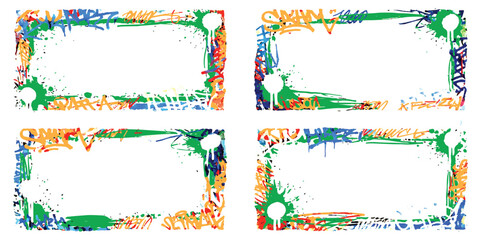 Set of colorful graffiti frames with paint splashes and artistic street art style border designs © md