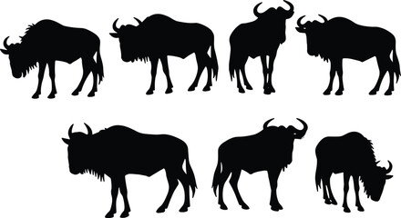 African wildebeest wildlife black silhouette vector pack featuring various horned safari gnu shapes isolated on transparent background © Olivia