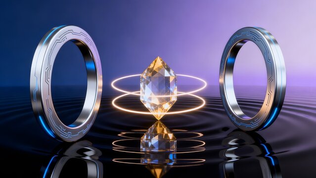 Futuristic rings and crystal on reflective surface