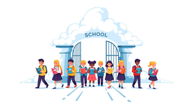 Children Entering School: A diverse group of happy children, carrying books and backpacks, walk towards a grand school building with open gates under a cloudy sky.