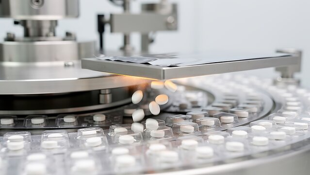 Pharmaceutical manufacturing machine packaging white pills into medical blister packs. Automated industrial production line in laboratory. Medicine supply chain, health care technology.