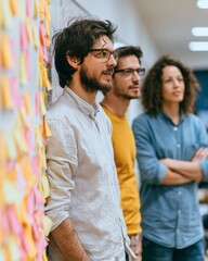Obraz premium Creative team brainstorming with colorful sticky notes on whiteboard in coworking space