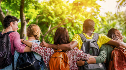 Fototapeta premium Diverse group of friends with backpacks, arms around each other outdoors.