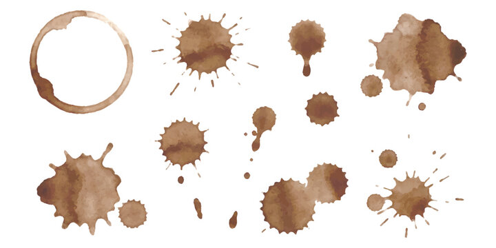 Set of brown coffee stains and splashes with round cup ring marks