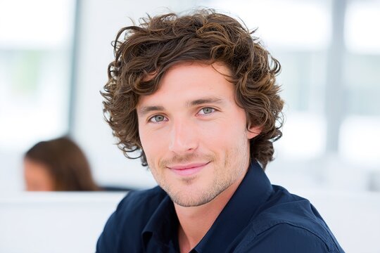A smiling young man with curly hair in a modern office setting