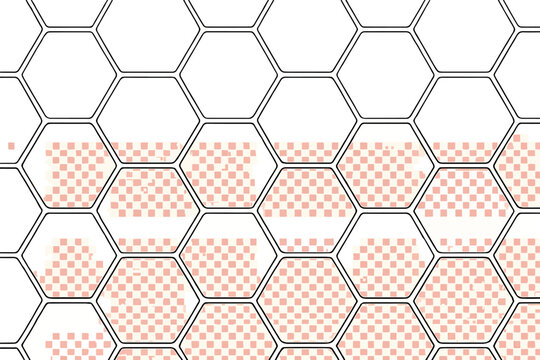 Hexagonal honeycomb structure with translucent pink checkerboard patches on white background vector