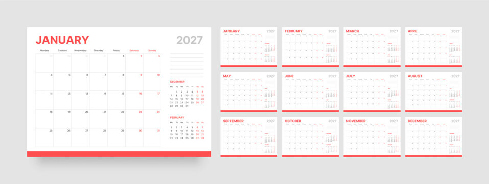 Monthly calendar template for 2027 year. Diary planner with Monday start.