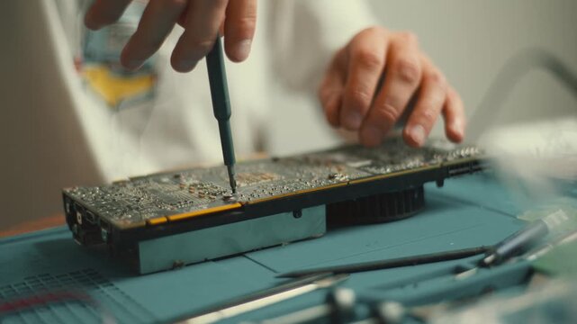 Repair of a circuit board in a workshop by a technician during the day
