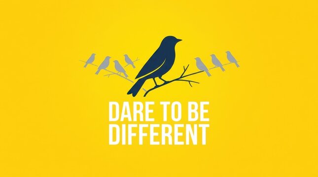 Dare to be different motivation concept illustration with large dark bird silhouette on a branch in front of smaller gray birds on yellow background