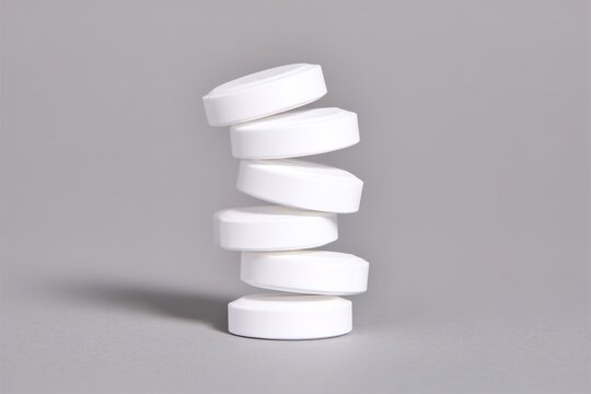 A stack of white pills on a gray background