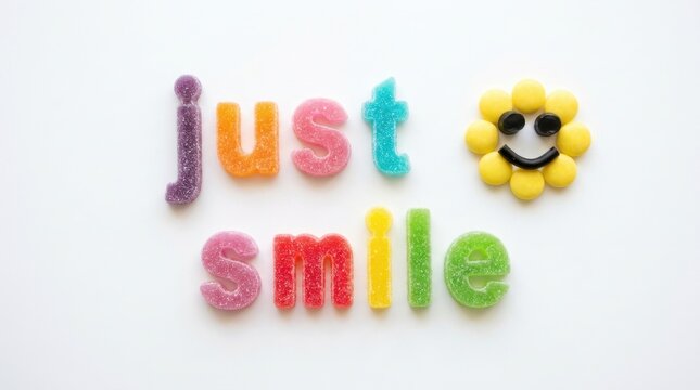 Just smile text written with colorful gummy candy letters and a happy smiley face icon made of yellow sweets and black licorice on white background