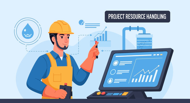 Construction worker managing project resources with data analytics on computer screen